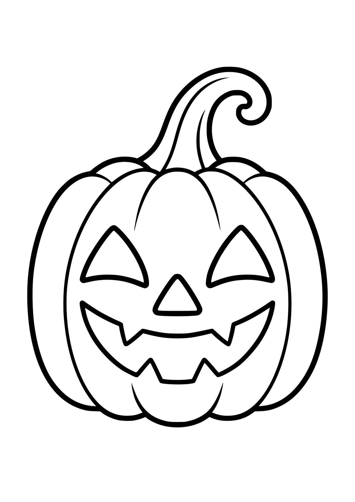 Kolorowanka do druku: dynia na Halloween z trójkątnymi oczami i nosem, zębatą buzią oraz zawiniętym ogonkiem
