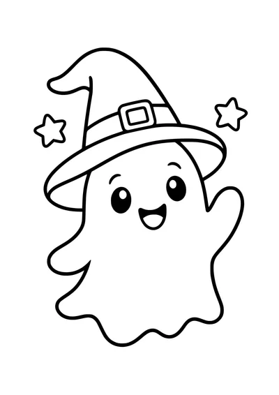Kolorowanka do druku: uśmiechnięty duszek w spiczastym kapeluszu z klamrą, uniesiona ręka i dwie gwiazdki