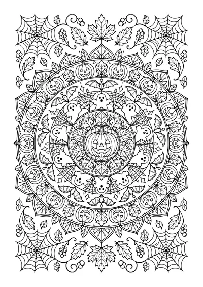 Kolorowanka do druku: halloweenowa mandala z dyniami, duchami, nietoperzami, pajęczynami i jesiennymi liśćmi.