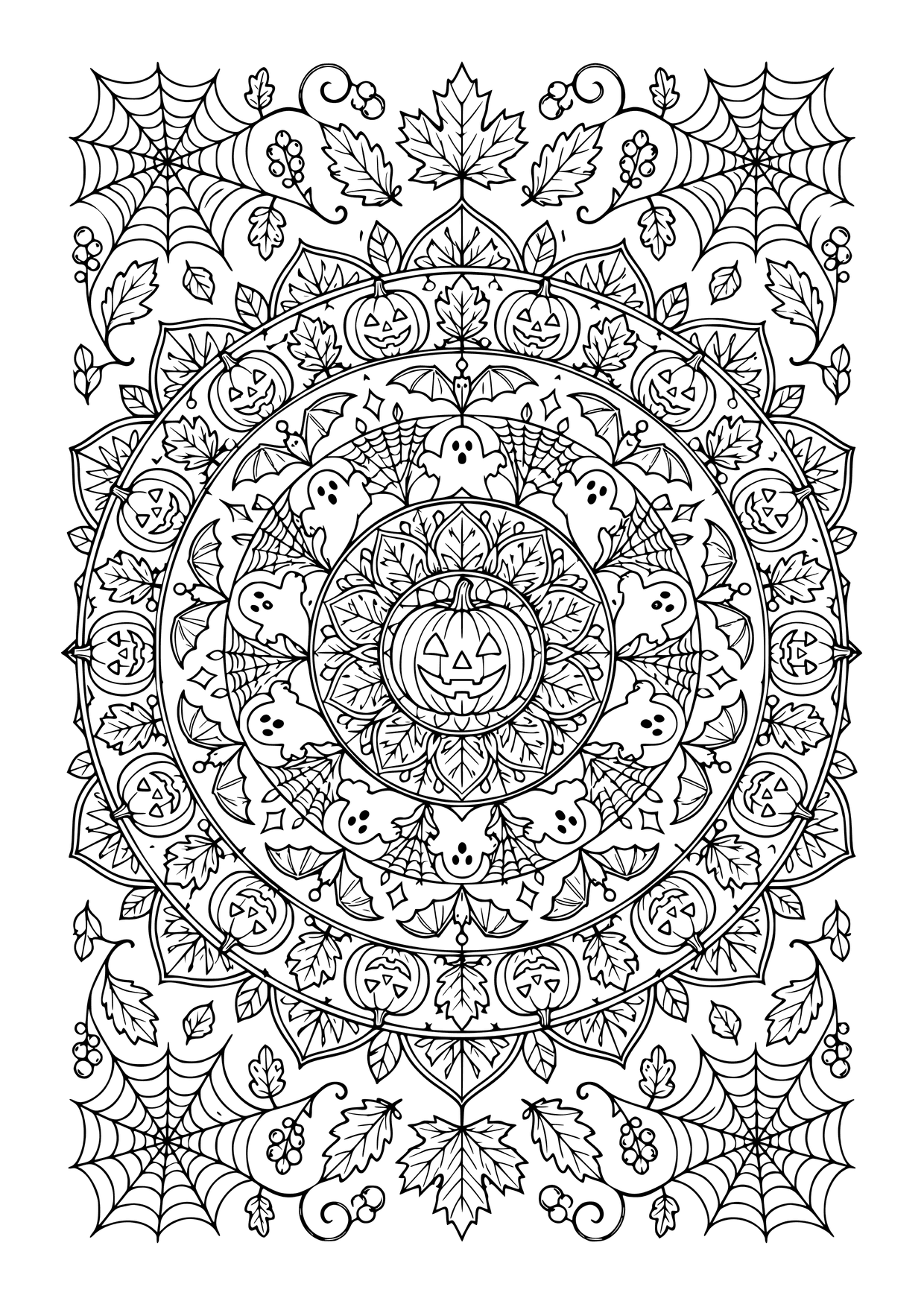 Kolorowanka do druku: halloweenowa mandala z dyniami, duchami, nietoperzami, pajęczynami i jesiennymi liśćmi.