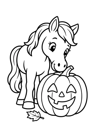 Kolorowanka do druku: koń pochyla pysk nad dużą, uśmiechniętą dynią na Halloween, a obok leży jeden liść.