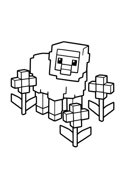Kolorowanka do druku: owca z Minecrafta stoi wśród trzech dużych kwiatów z kwadratowymi płatkami.