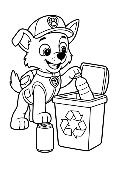 Kolorowanka do druku: Rocky w czapce wkłada butelkę do pojemnika ze znakiem recyklingu, obok stoi puszka.