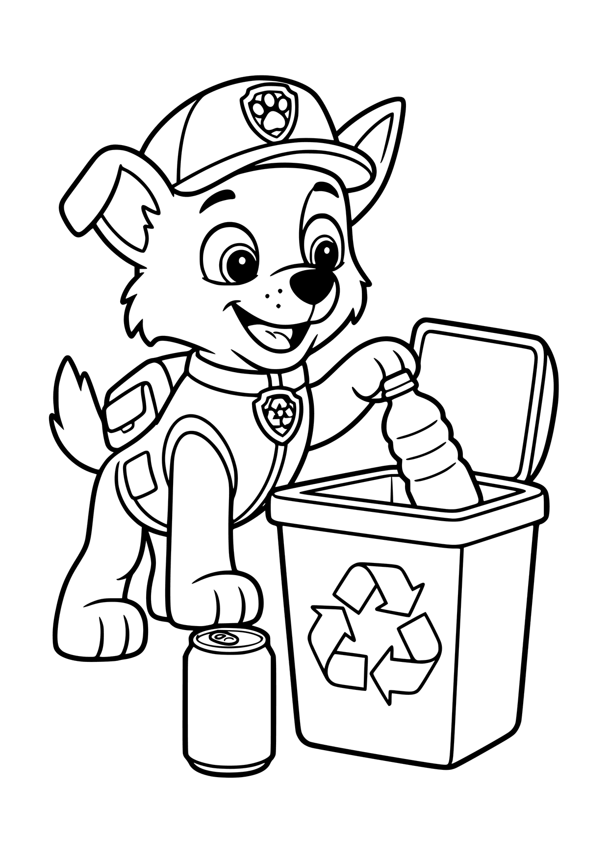 Kolorowanka do druku: Rocky w czapce wkłada butelkę do pojemnika ze znakiem recyklingu, obok stoi puszka.