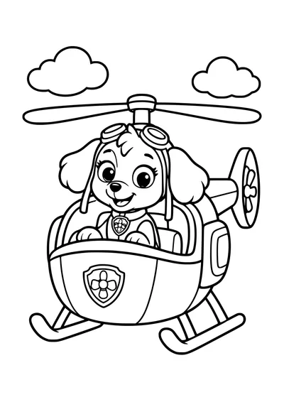 Kolorowanka do druku: Skye z Psiego Patrolu w helikopterze, z goglami na głowie, obok dwóch puszystych chmur