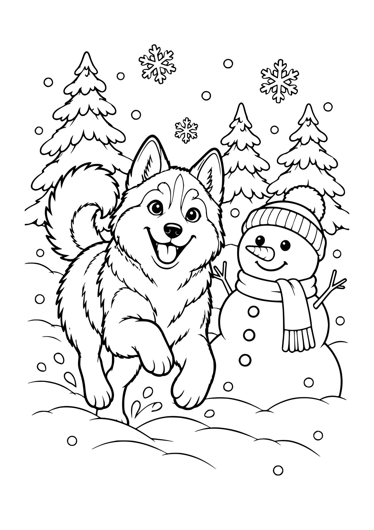 Kolorowanka do druku: husky z uniesionymi łapami obok bałwana, ośnieżone drzewa i spadające płatki śniegu.
