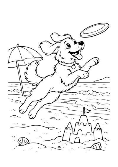 Kolorowanka do druku: pies skaczący do frisbee na plaży, parasol, fale, zamek z piasku i muszelki.