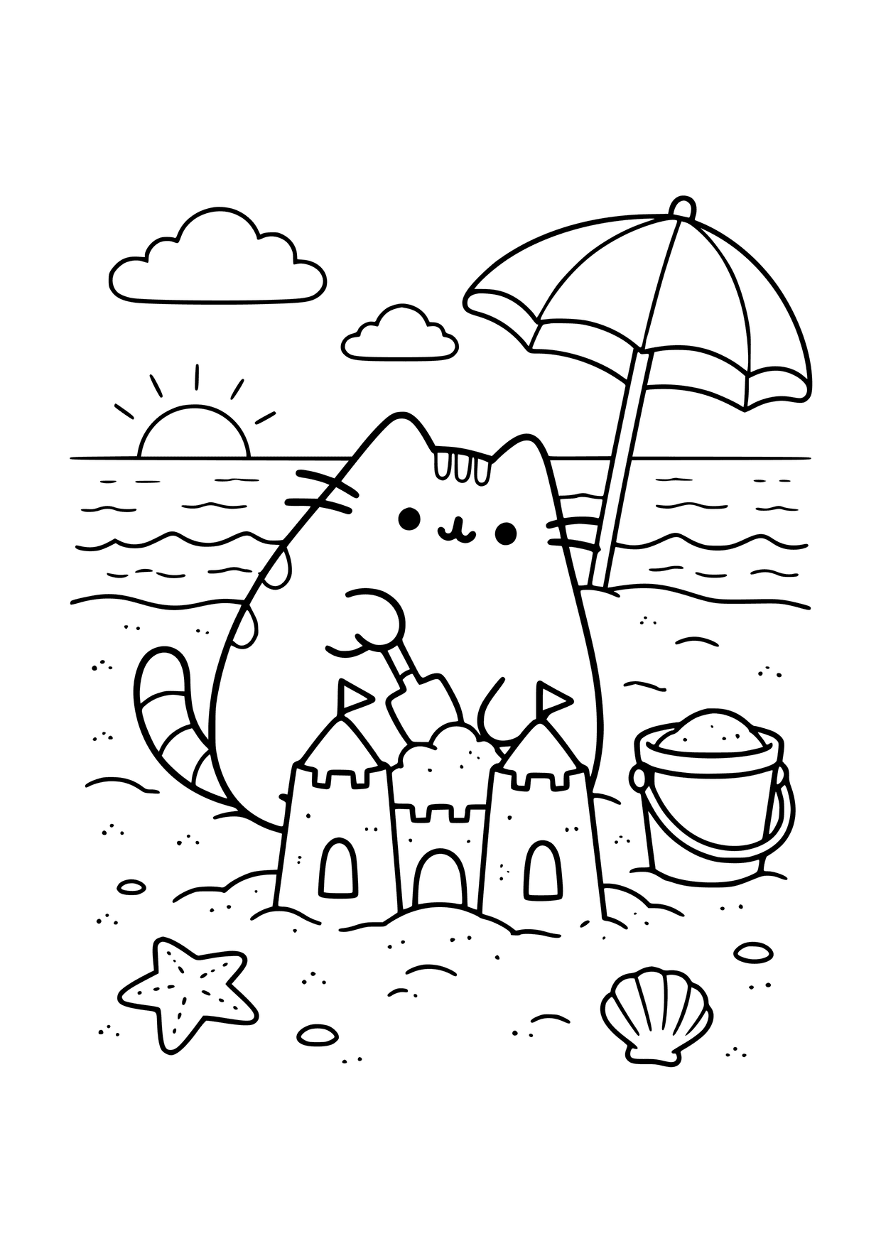 Kolorowanka do druku: Pusheen z łopatką buduje zamek z piasku, obok są wiaderko, parasol, muszla i rozgwiazda