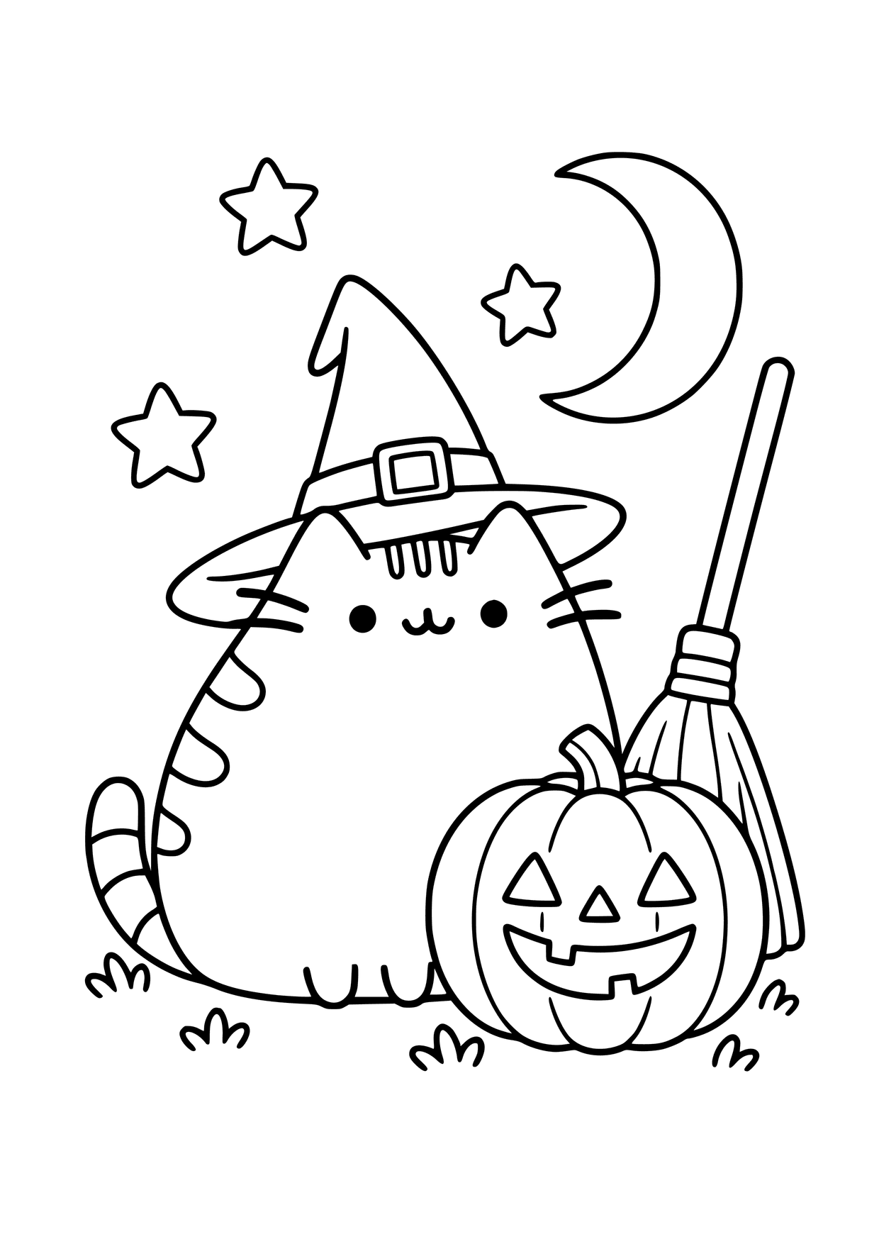 Kolorowanka do druku: Pusheen w kapeluszu czarownicy obok uśmiechniętej dyni i miotły, pod księżycem i gwiazdami.