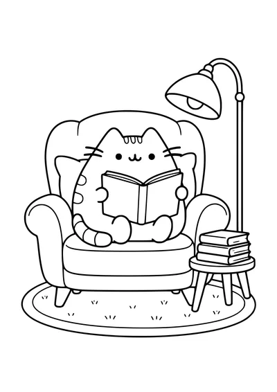 Kolorowanka do druku: Pusheen czyta otwartą książkę w fotelu, obok stoją lampa i stołek ze stosem książek