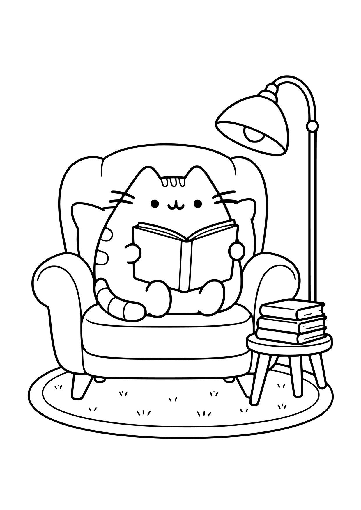 Kolorowanka do druku: Pusheen czyta otwartą książkę w fotelu, obok stoją lampa i stołek ze stosem książek