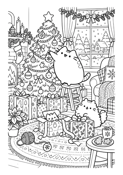 Kolorowanka do druku: Pusheen na stołku przy choince, dwa kotki wśród prezentów, kominek i zaśnieżony widok za oknem.