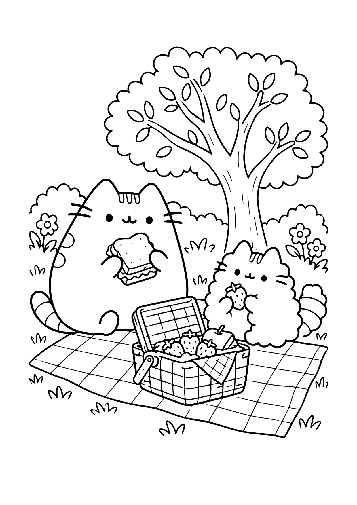 Kolorowanka do druku: Pusheen z kanapką i Stormy z truskawką siedzą na kocu pod drzewem obok otwartego koszyka