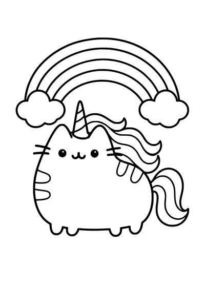 Kolorowanka do druku: Pusheen z rogiem jednorożca, falującą grzywą i ogonem stoi pod tęczą z dwiema chmurkami.