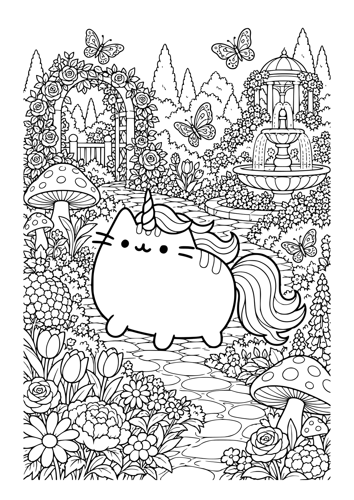 Kolorowanka do druku: Pusheen jednorożec na ogrodowej ścieżce, wśród kwiatów, motyli i dużych grzybów, obok fontanny.