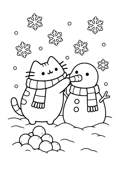 Kolorowanka do druku: Pusheen w szaliku mocuje nos bałwana, wokół widać duże płatki śniegu i stos śnieżek