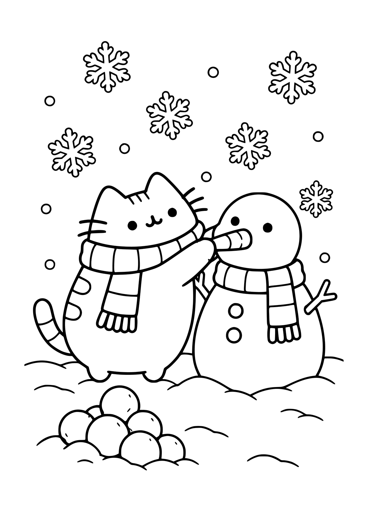 Kolorowanka do druku: Pusheen w szaliku mocuje nos bałwana, wokół widać duże płatki śniegu i stos śnieżek