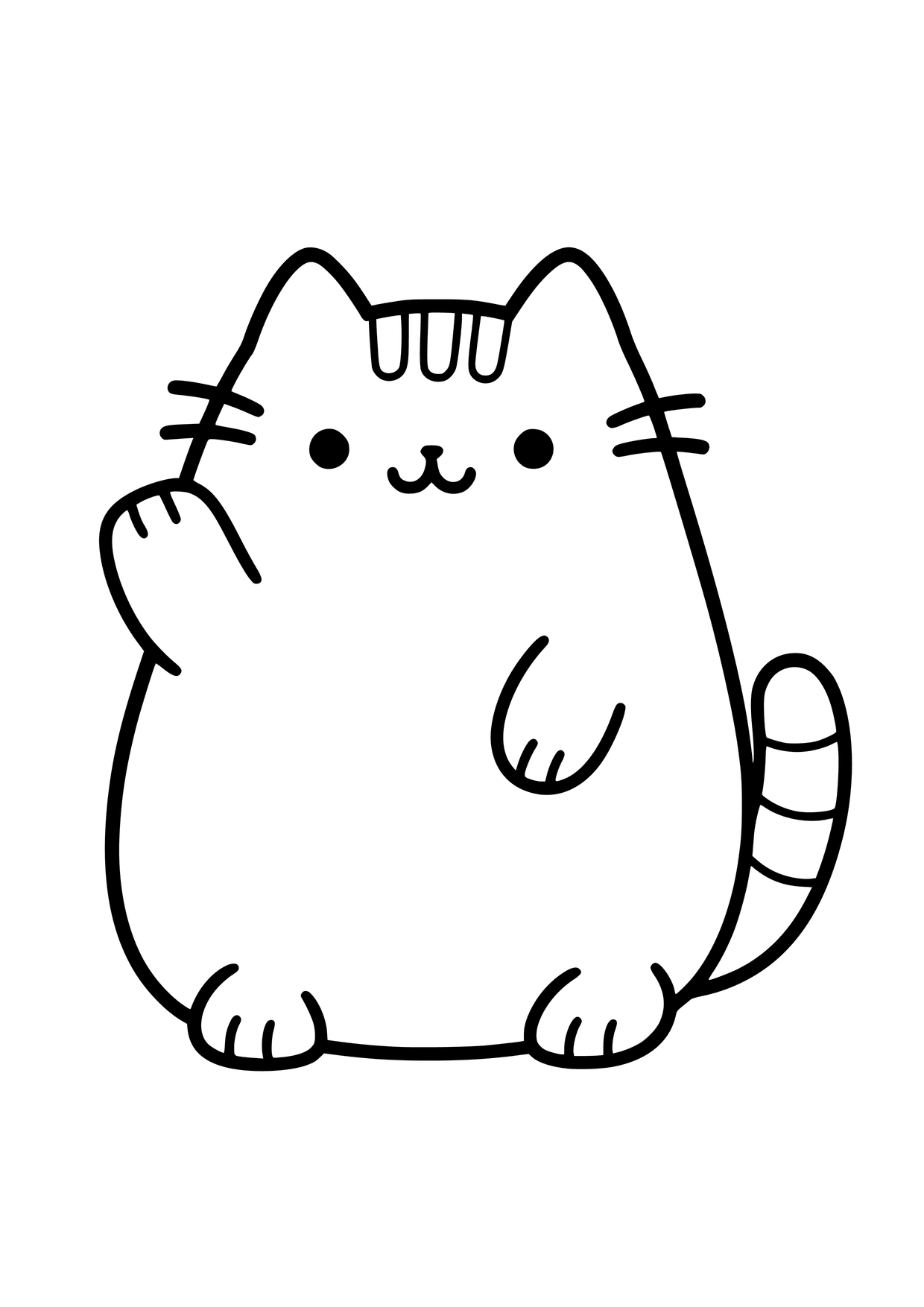 Kolorowanka do druku: Pusheen siedzi z uniesioną łapką, ma paski na czole i ogonie oraz małe uszy.