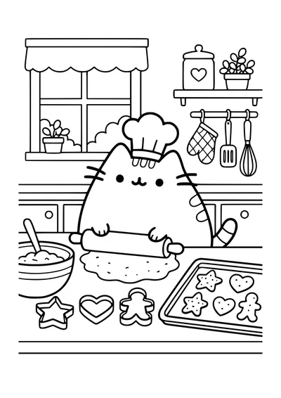 Kolorowanka do druku: Pusheen w czapce kucharskiej wałkuje ciasto, obok stoją miska, foremki i blacha z ciasteczkami