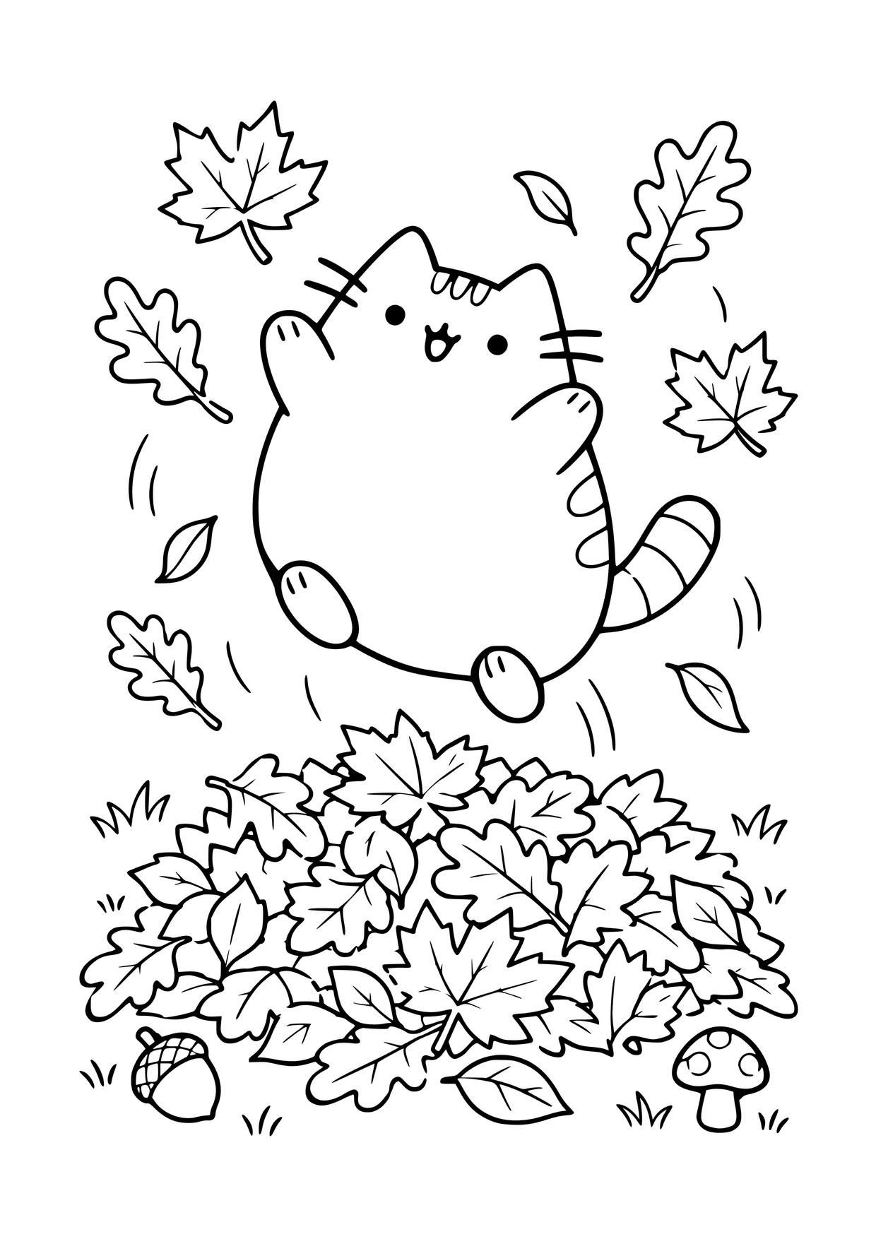 Kolorowanka do druku: Pusheen skacze nad stertą jesiennych liści, obok leżą żołądź i mały grzybek.