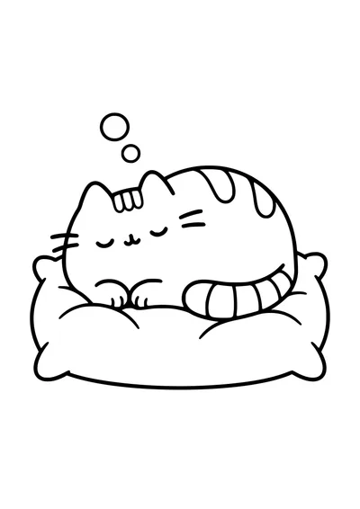 Kolorowanka do druku: Pusheen śpi na dużej poduszce, z łapkami pod pyszczkiem i pasiastym ogonem obok.