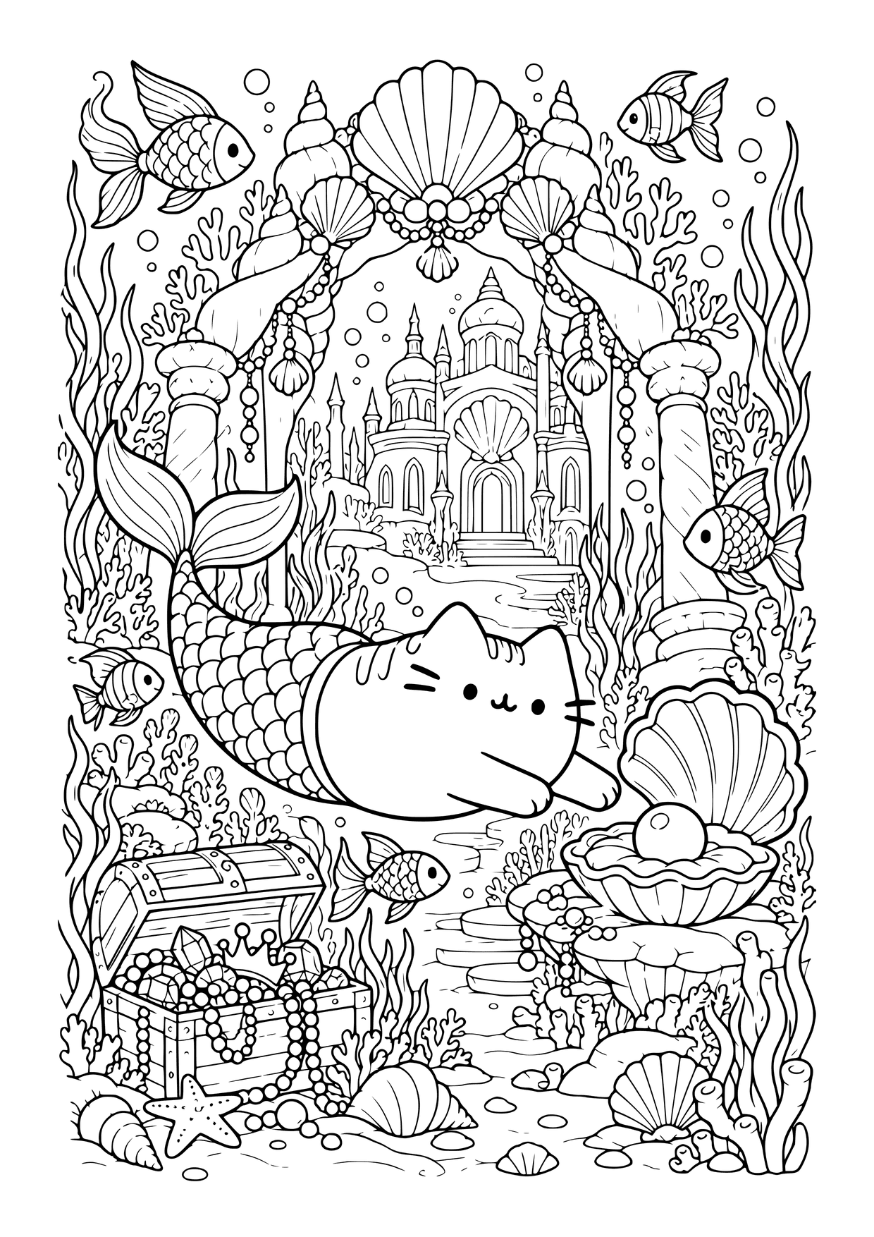 Kolorowanka do druku: Pusheen syrenka wśród ryb, muszli i wodorostów, obok perły i skrzyni skarbów, przed pałacem.