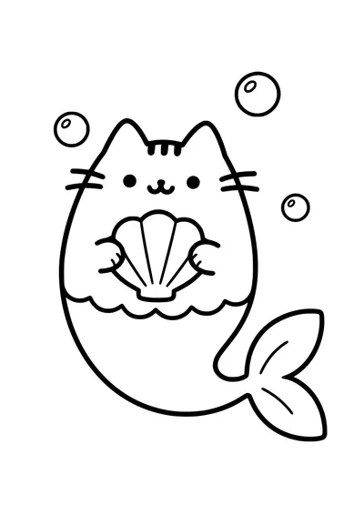 Kolorowanka do druku: Pusheen syrenka trzyma muszelkę, ma zakrzywiony rybi ogon, a wokół unoszą się trzy bąbelki.