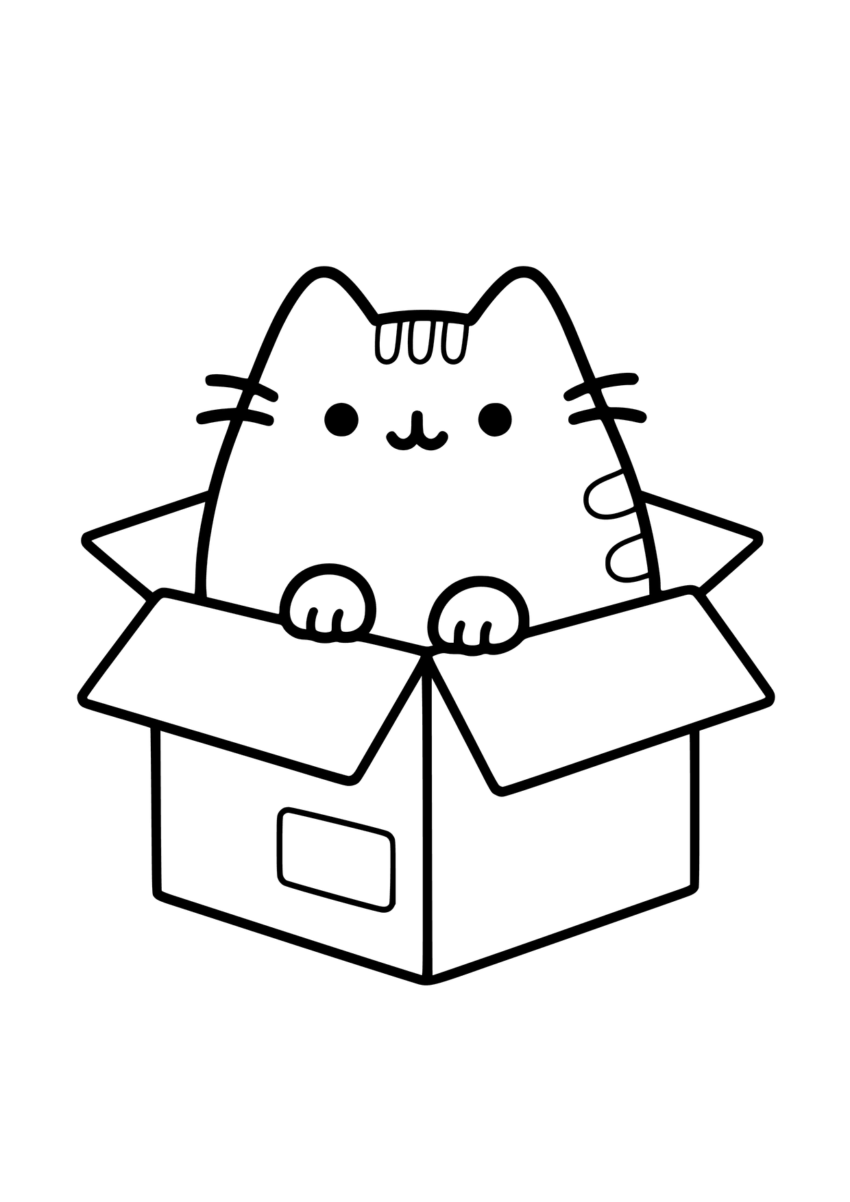 Kolorowanka do druku: Pusheen siedzi w otwartym kartonie z czterema klapami i pustą etykietą na boku.