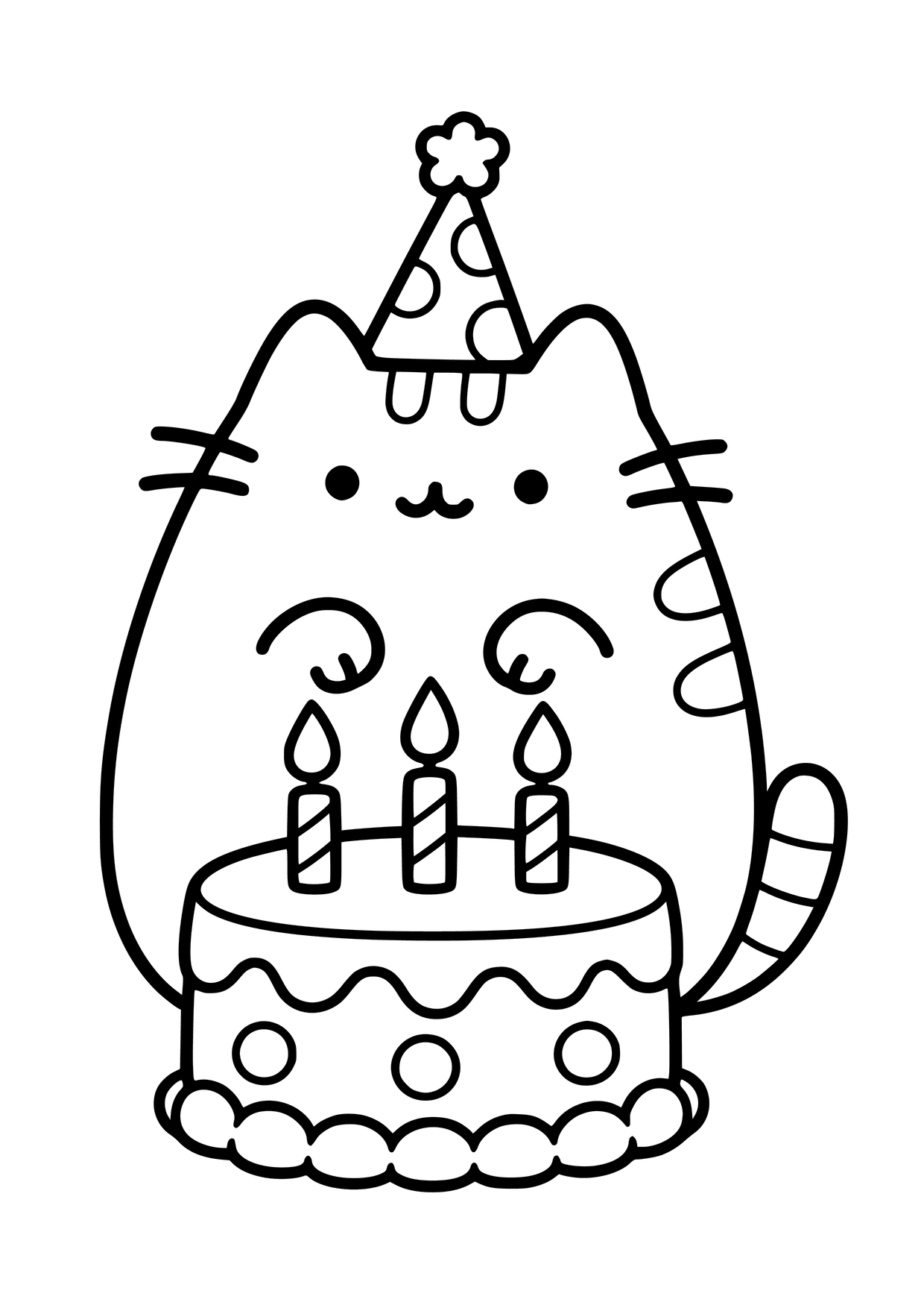 Kolorowanka do druku: Pusheen w czapeczce urodzinowej siedzi za ozdobionym tortem z trzema zapalonymi świeczkami.