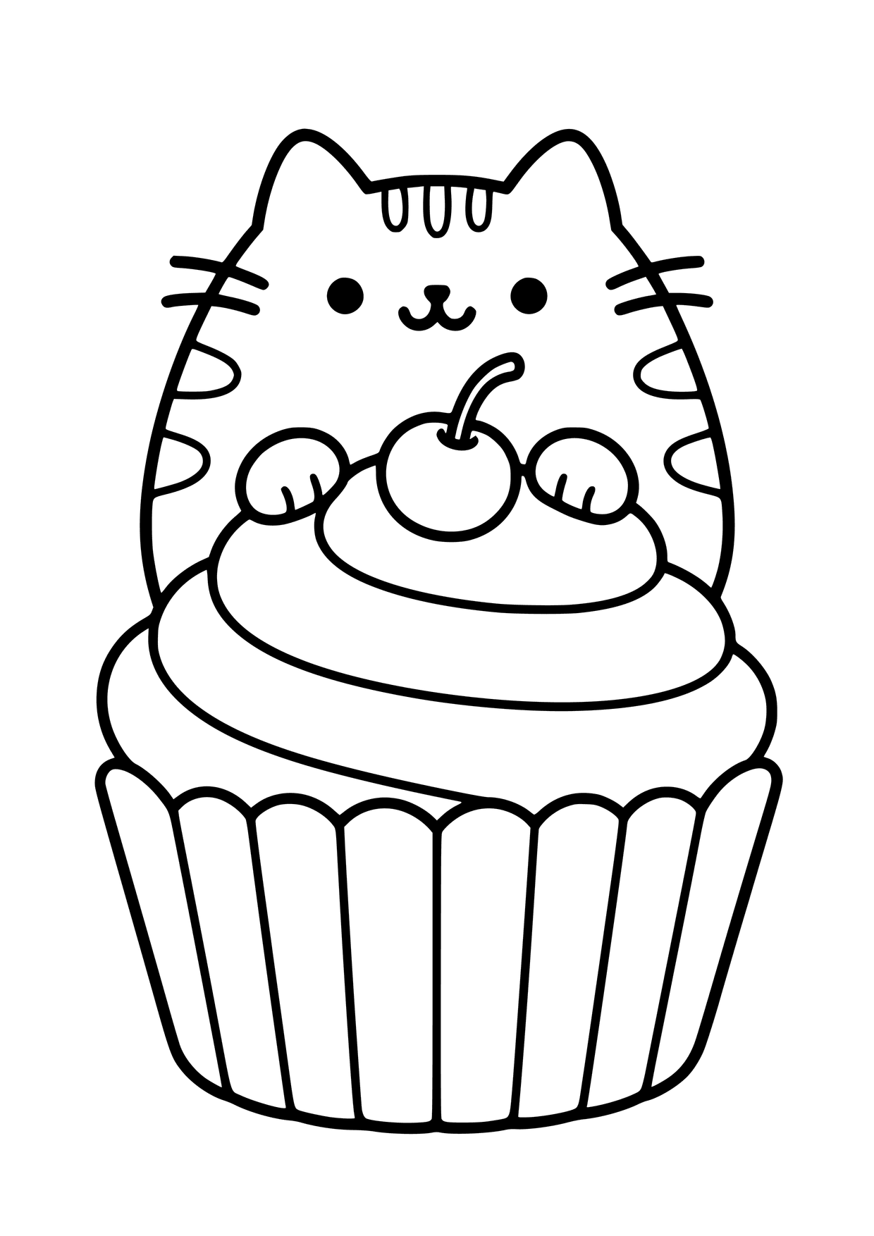 Kolorowanka do druku: Pusheen wygląda zza dużej babeczki z warstwami kremu i wisienką na szczycie.