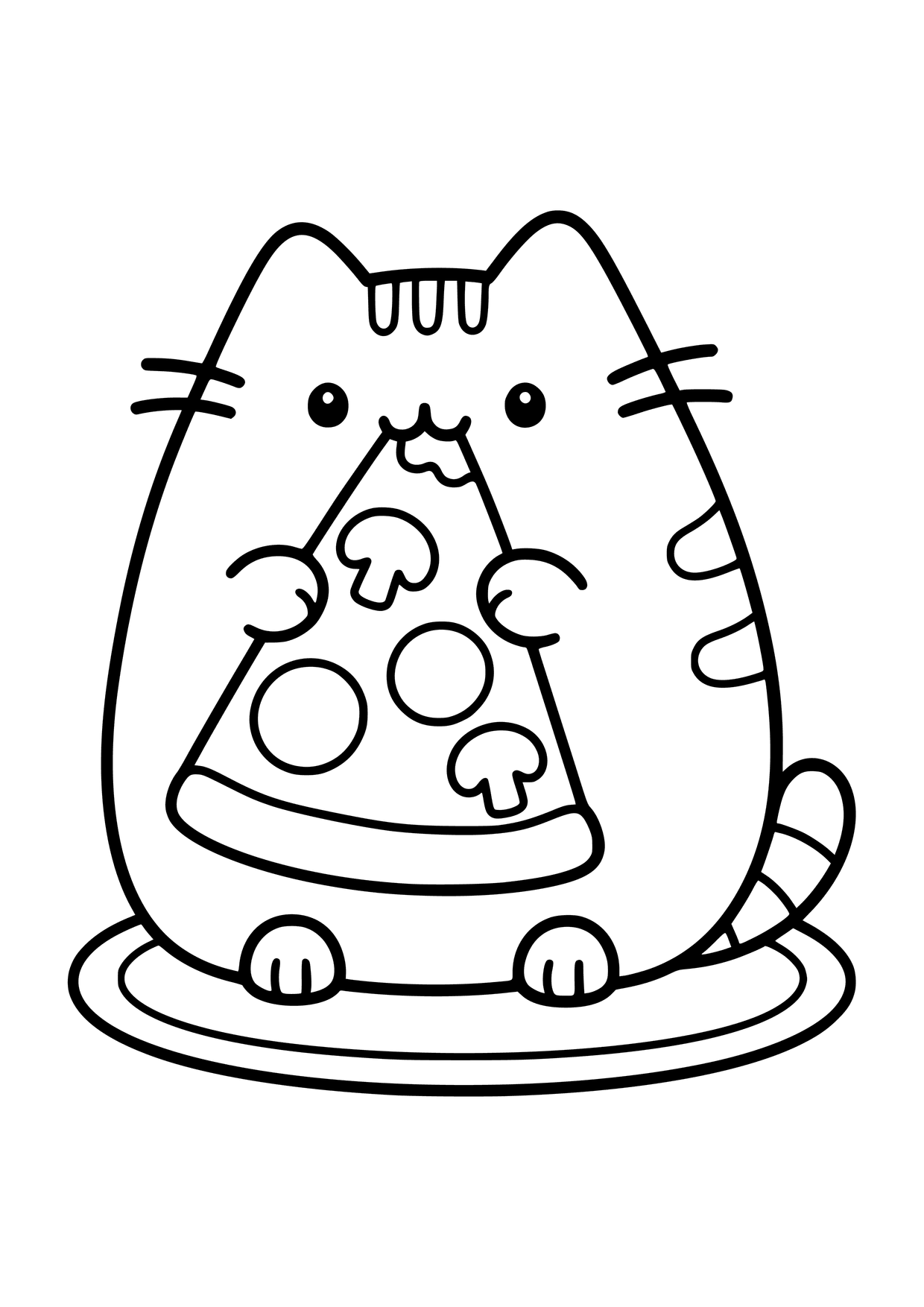 Kolorowanka do druku: Pusheen trzyma kawałek pizzy z pieczarkami i okrągłymi dodatkami, siedząc na talerzu.