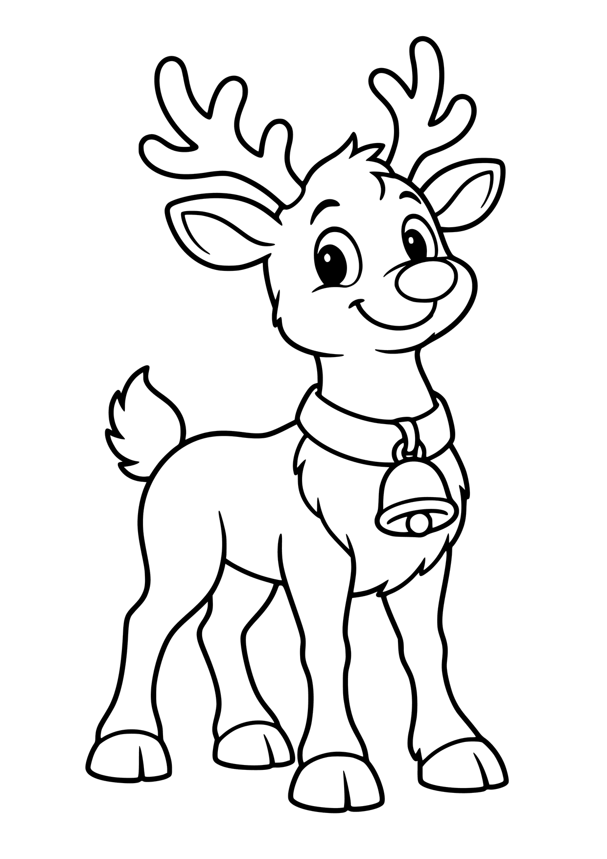 Kolorowanka do druku: stojący renifer z rozłożystym porożem i dużym dzwoneczkiem na szerokiej obroży