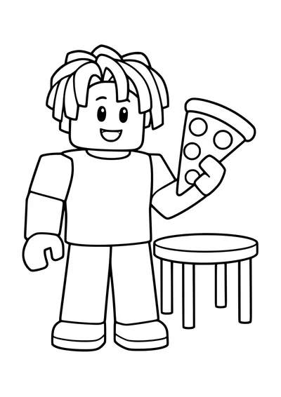 Kolorowanka do druku: uśmiechnięty Roblox Bacon Hair trzyma kawałek pizzy obok małego okrągłego stolika