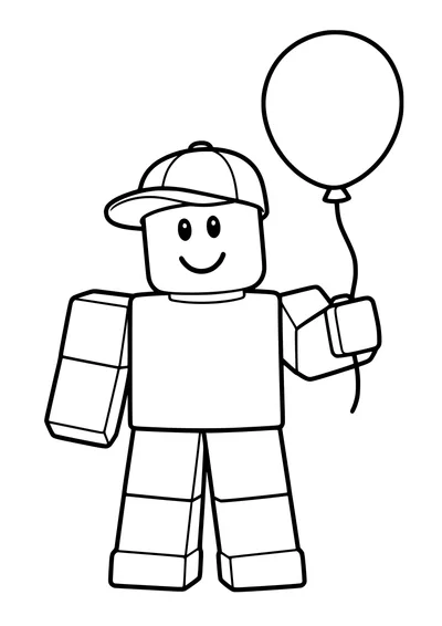 Kolorowanka do druku: Guest z Roblox w czapce z daszkiem trzyma sznurek dużego balonu