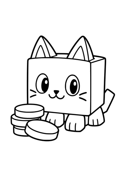 Kolorowanka do druku: kot z Pet Simulator z trójkątnymi uszami i dużymi oczami siedzi przy stosie monet