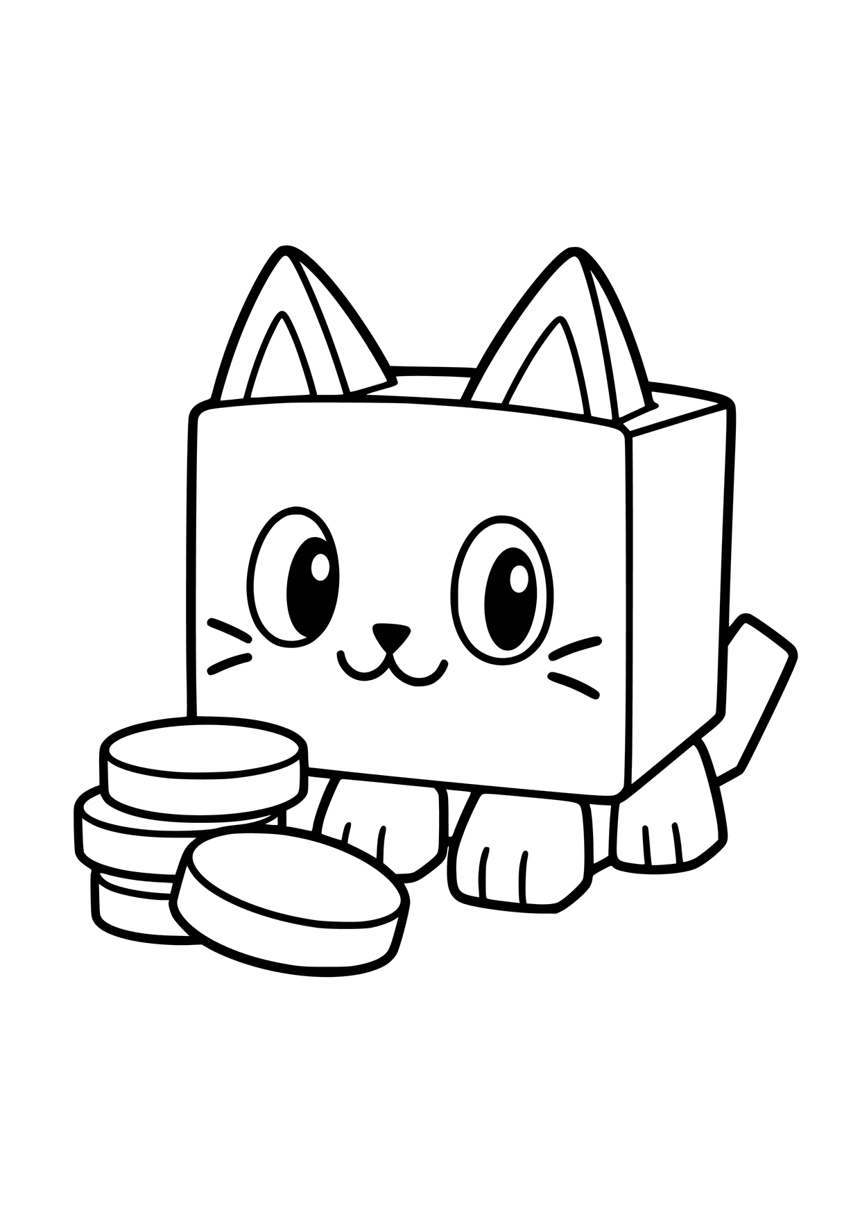 Kolorowanka do druku: kot z Pet Simulator z trójkątnymi uszami i dużymi oczami siedzi przy stosie monet