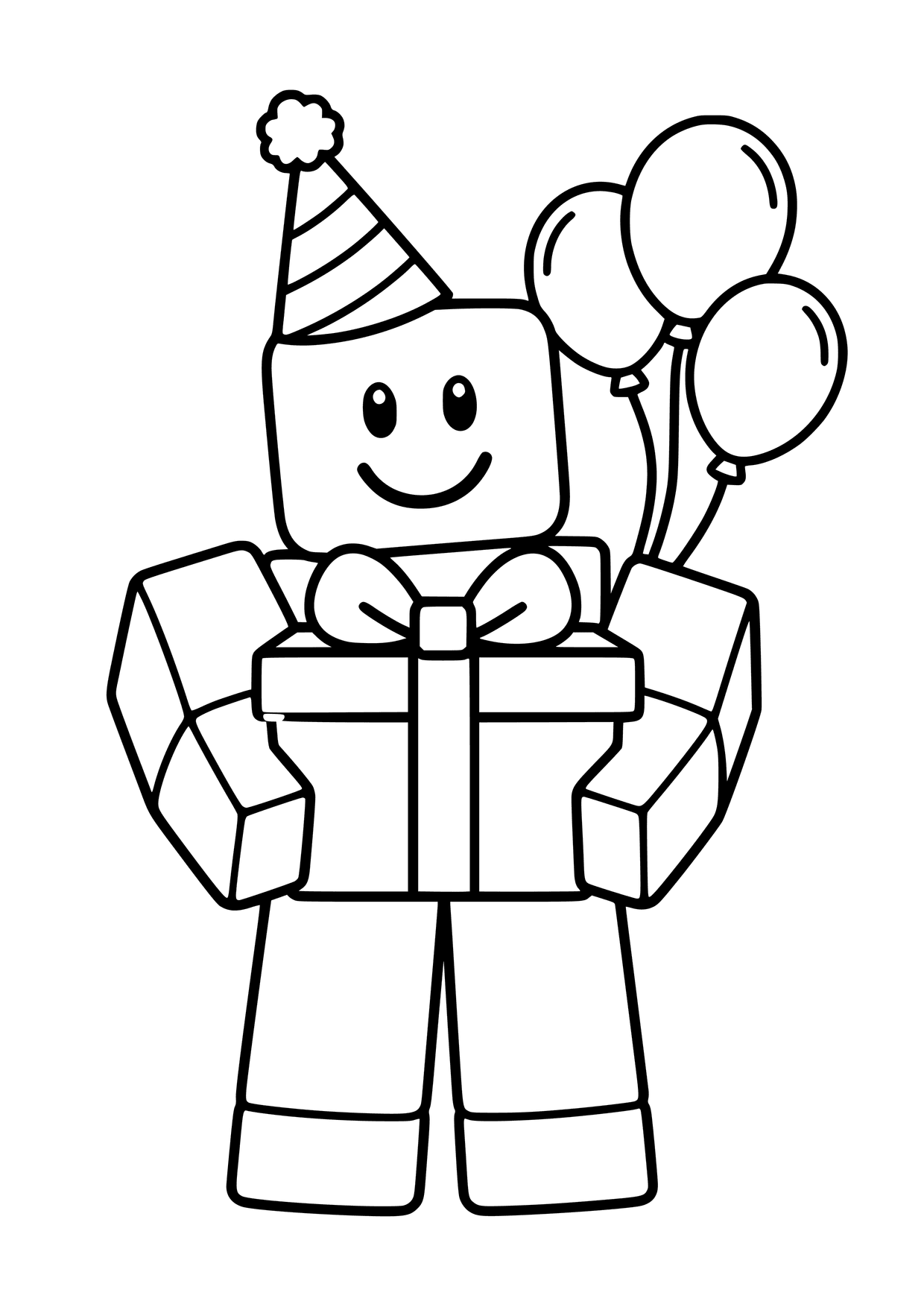 Kolorowanka do druku: Noob z Roblox z dużym prezentem z kokardą, urodzinową czapeczką i trzema balonami