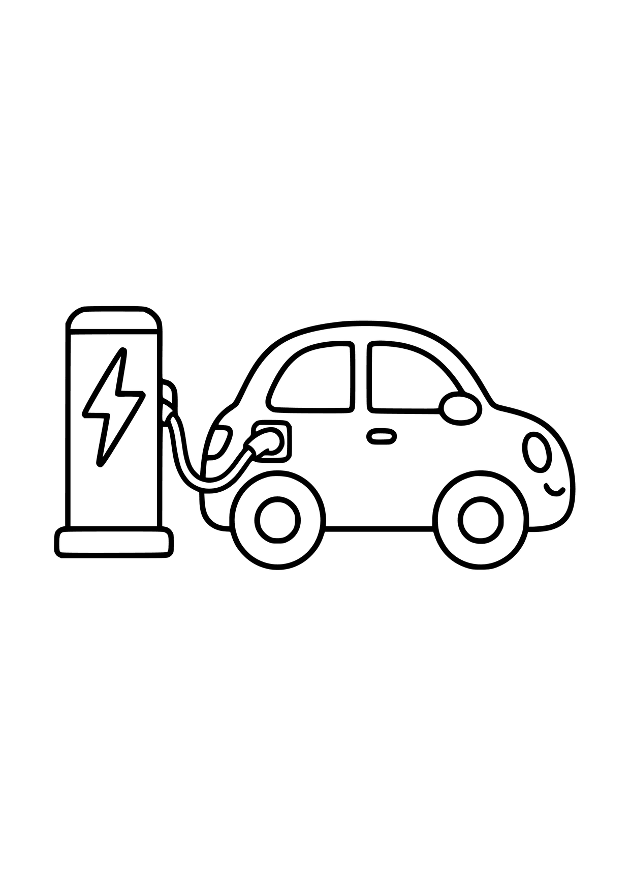 Kolorowanka do druku: mały samochód elektryczny połączony kablem z ładowarką oznaczoną błyskawicą.