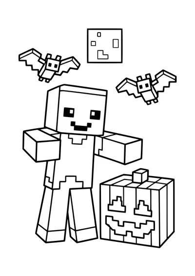 Kolorowanka do druku: zombie z Minecrafta obok halloweenowej dyni, dwa nietoperze i kwadratowy księżyc.